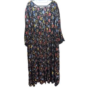 Woman Within Dress Size 32W Navy Floral Crinkle Midi Cottage 3/4 Sleeve Modest